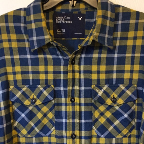 American Eagle Button Down Vintage Fit Blue Yellow - Picture 2 of 5